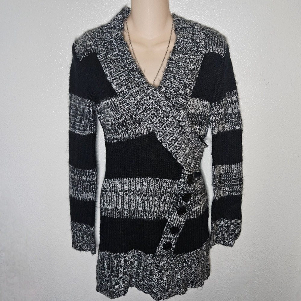 Redpaint Black‎ Grey Stripe Wrap Cardigan Sweater